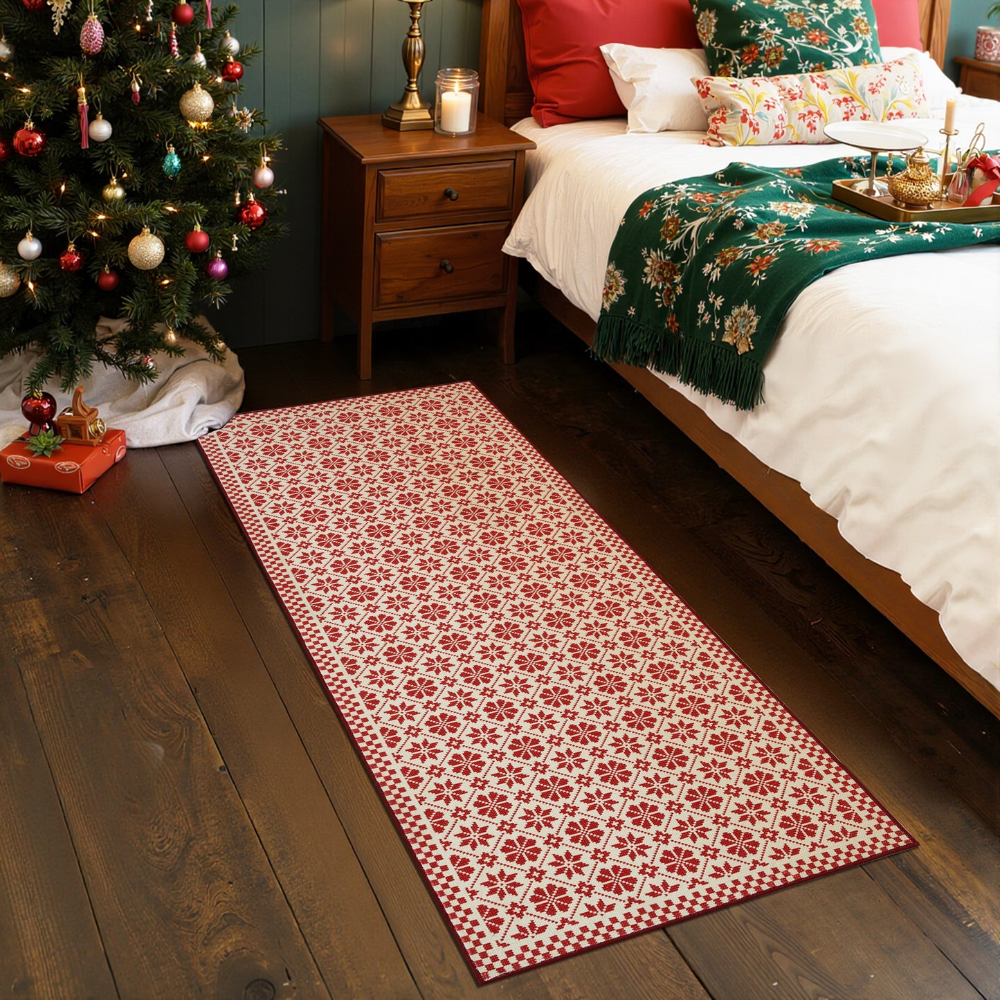 RUGKING Christmas Rug for Entryway Kitchen Knit Inspired Small Holiday Rug for Porch Bathroom Snowflake and Clover Printed Winter Xmas Decor Washable Doormat for Bedroom Non Slip