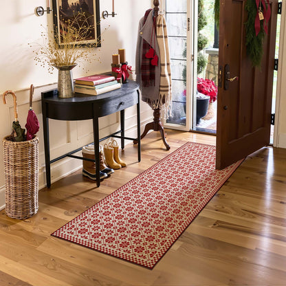 RUGKING Christmas Rug for Entryway Kitchen Knit Inspired Small Holiday Rug for Porch Bathroom Snowflake and Clover Printed Winter Xmas Decor Washable Doormat for Bedroom Non Slip