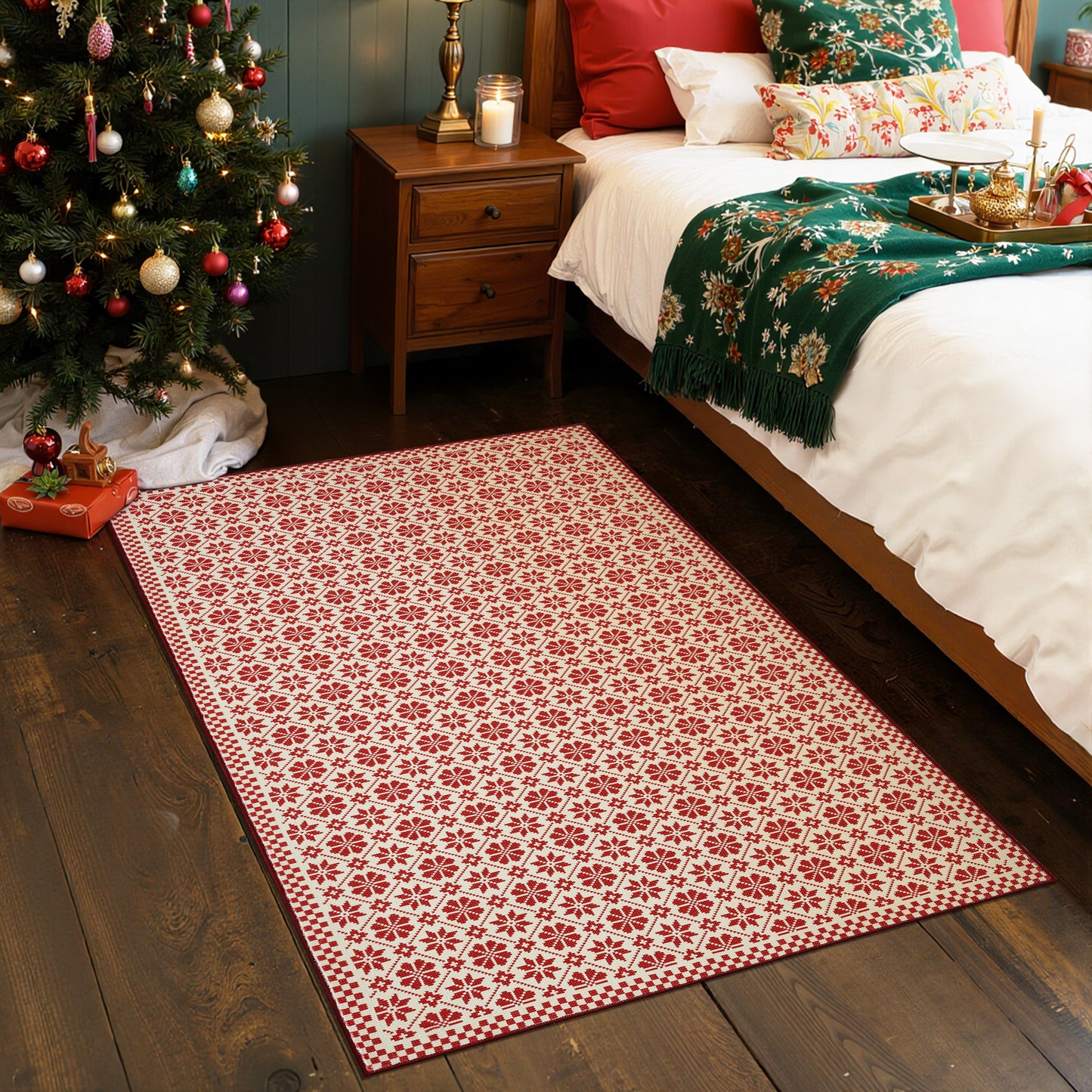 RUGKING Farmhouse Christmas Door Mat Snowflake Washable Rug for Entryway Kitchen Holiday Decor Red and Ivory