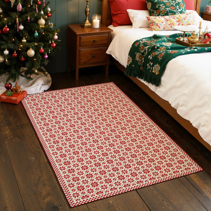 RUGKING Farmhouse Christmas Door Mat Snowflake Washable Rug for Entryway Kitchen Holiday Decor Red and Ivory