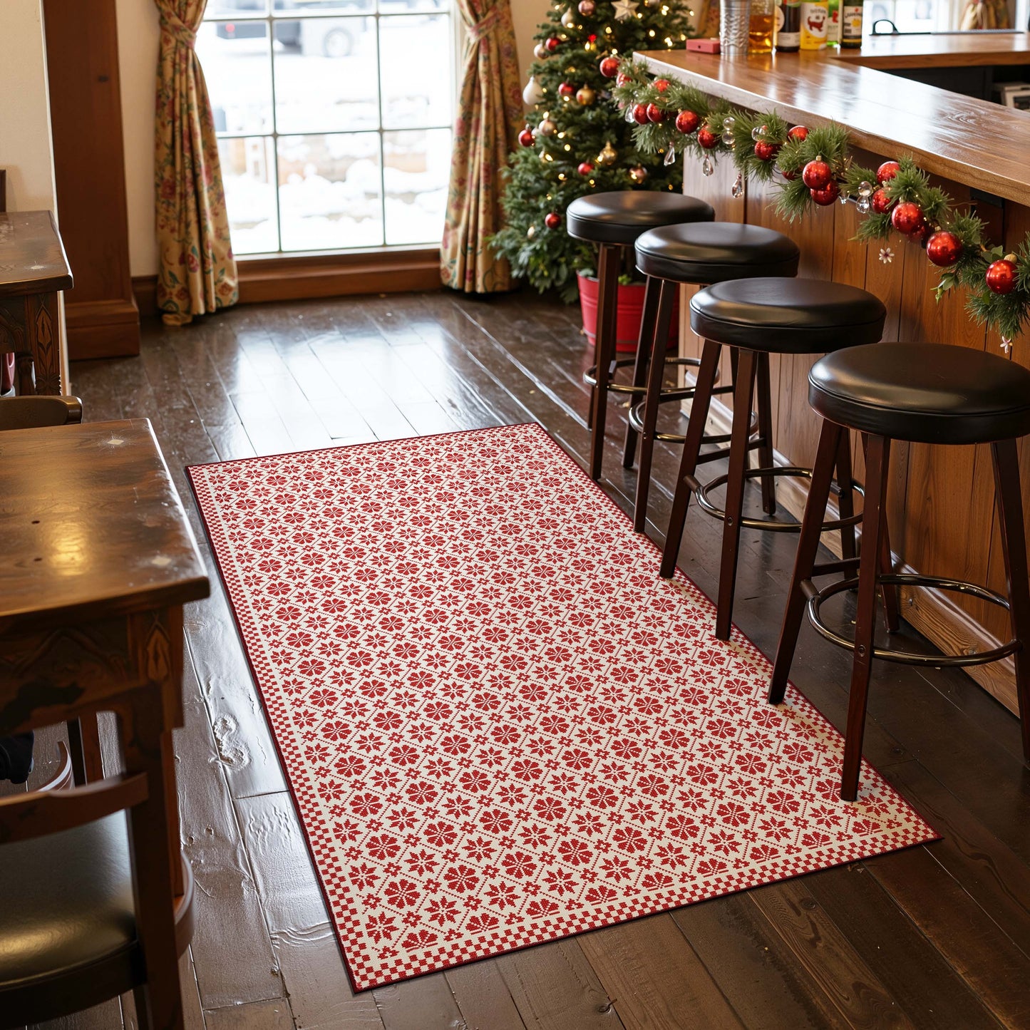 RUGKING Christmas Rug for Entryway Kitchen Knit Inspired Small Holiday Rug for Porch Bathroom Snowflake and Clover Printed Winter Xmas Decor Washable Doormat for Bedroom Non Slip