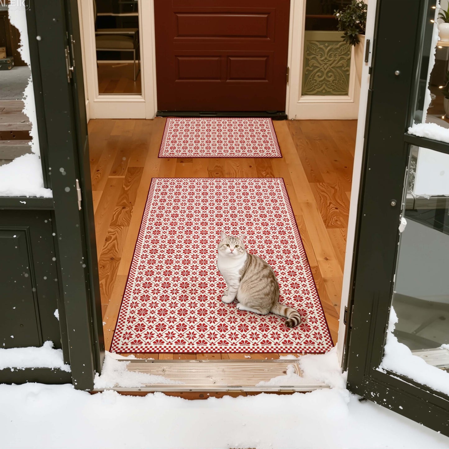 RUGKING Christmas Rug for Entryway Kitchen Knit Inspired Small Holiday Rug for Porch Bathroom Snowflake and Clover Printed Winter Xmas Decor Washable Doormat for Bedroom Non Slip