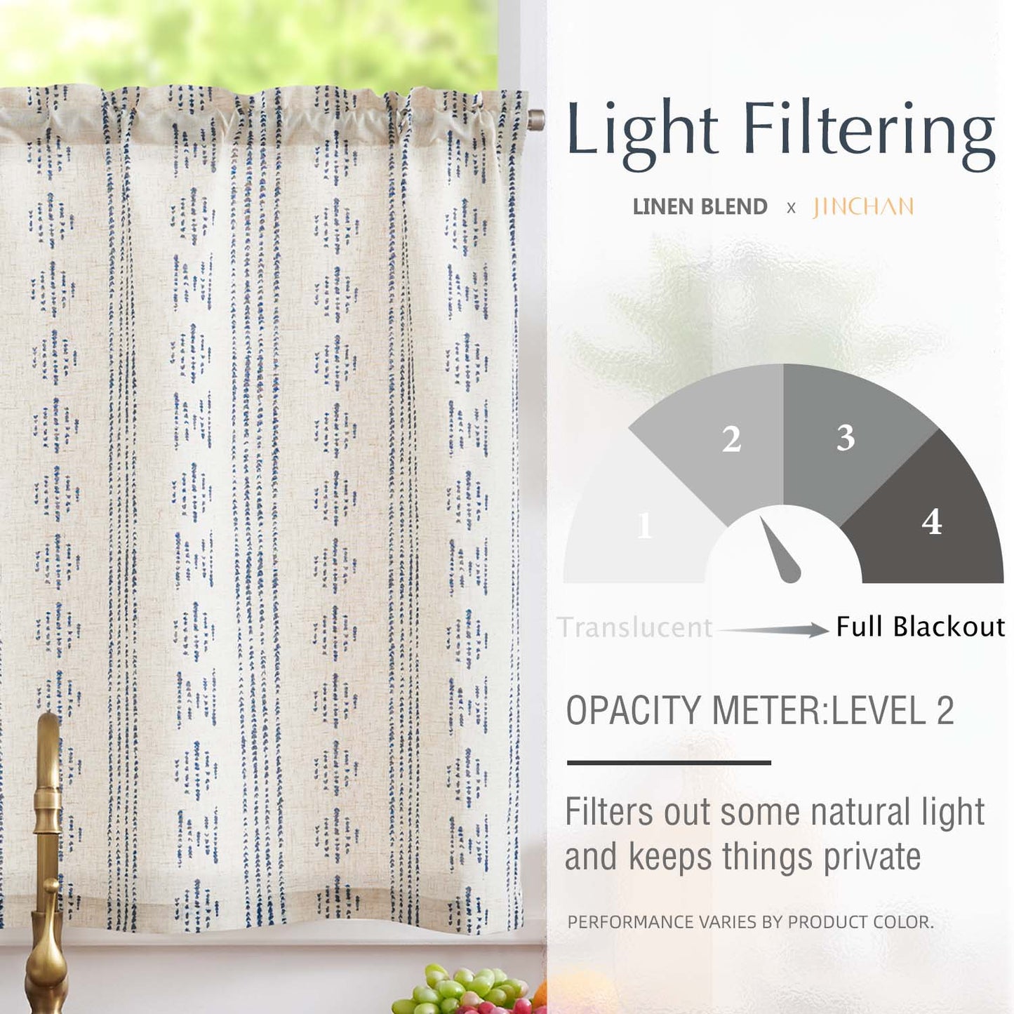 TOPICK Boho Linen Kitchen Curtains ,  Striped Farmhouse Cafe Curtains, Light Filtering Rod Pocket Small Curtains for Kitchen (Set of 2)