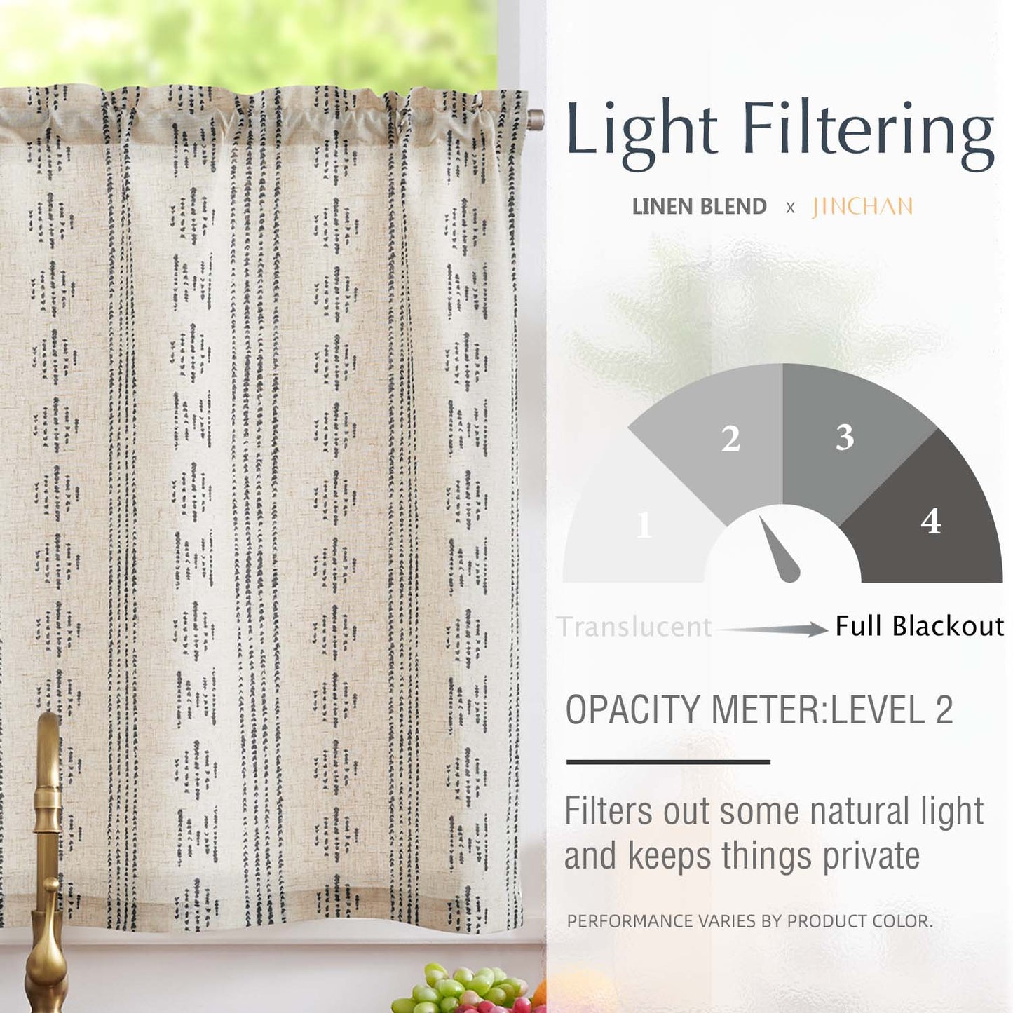 TOPICK Boho Linen Kitchen Curtains ,  Striped Farmhouse Cafe Curtains, Light Filtering Rod Pocket Small Curtains for Kitchen (Set of 2)