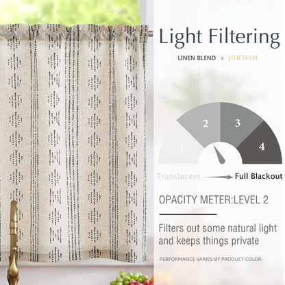 TOPICK Boho Linen Kitchen Curtains ,  Striped Farmhouse Cafe Curtains, Light Filtering Rod Pocket Small Curtains for Kitchen (Set of 2)