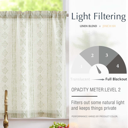 TOPICK Boho Linen Kitchen Curtains ,  Striped Farmhouse Cafe Curtains, Light Filtering Rod Pocket Small Curtains for Kitchen (Set of 2)