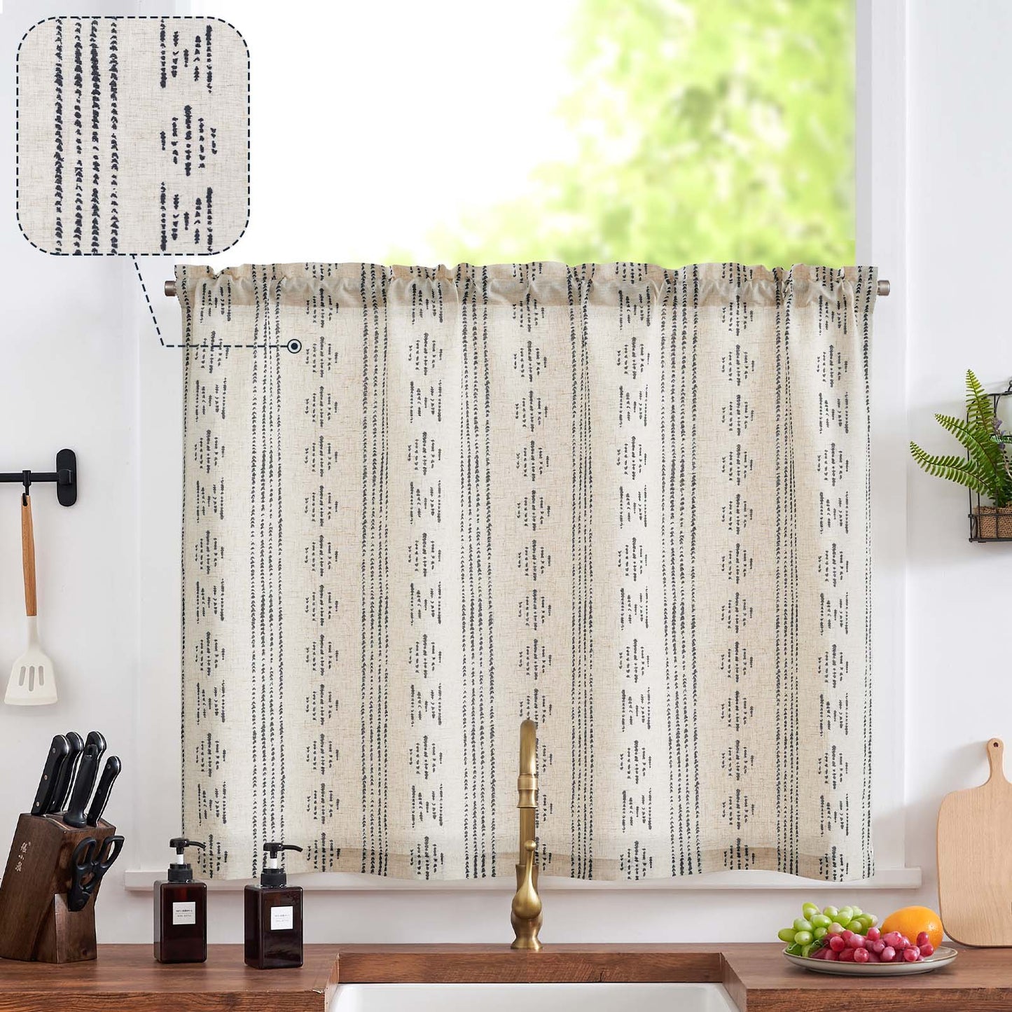 TOPICK Boho Linen Kitchen Curtains ,  Striped Farmhouse Cafe Curtains, Light Filtering Rod Pocket Small Curtains for Kitchen (Set of 2)