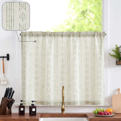TOPICK Boho Linen Kitchen Curtains ,  Striped Farmhouse Cafe Curtains, Light Filtering Rod Pocket Small Curtains for Kitchen (Set of 2)