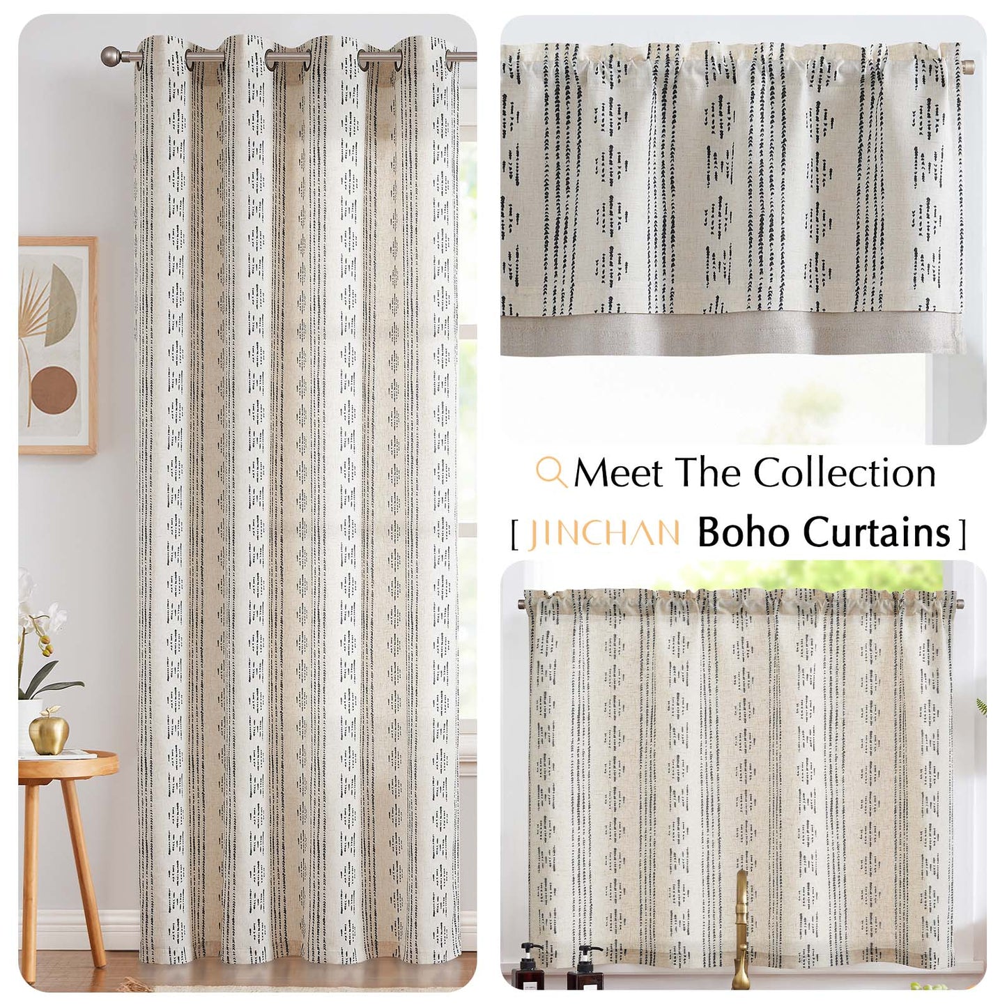 TOPICK Boho Linen Kitchen Curtains ,  Striped Farmhouse Cafe Curtains, Light Filtering Rod Pocket Small Curtains for Kitchen (Set of 2)
