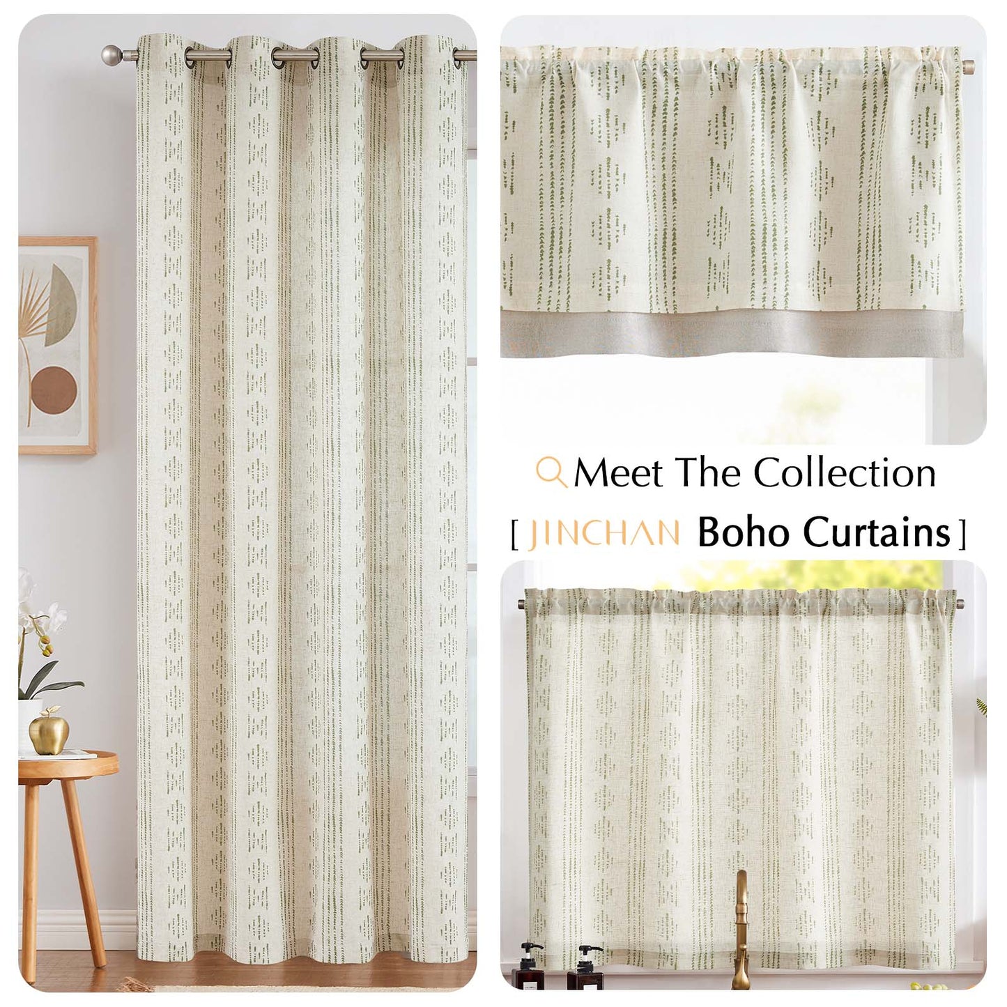 TOPICK Boho Linen Kitchen Curtains ,  Striped Farmhouse Cafe Curtains, Light Filtering Rod Pocket Small Curtains for Kitchen (Set of 2)