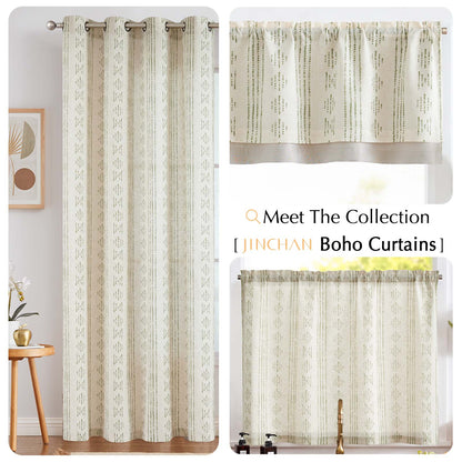 TOPICK Boho Linen Kitchen Curtains ,  Striped Farmhouse Cafe Curtains, Light Filtering Rod Pocket Small Curtains for Kitchen (Set of 2)