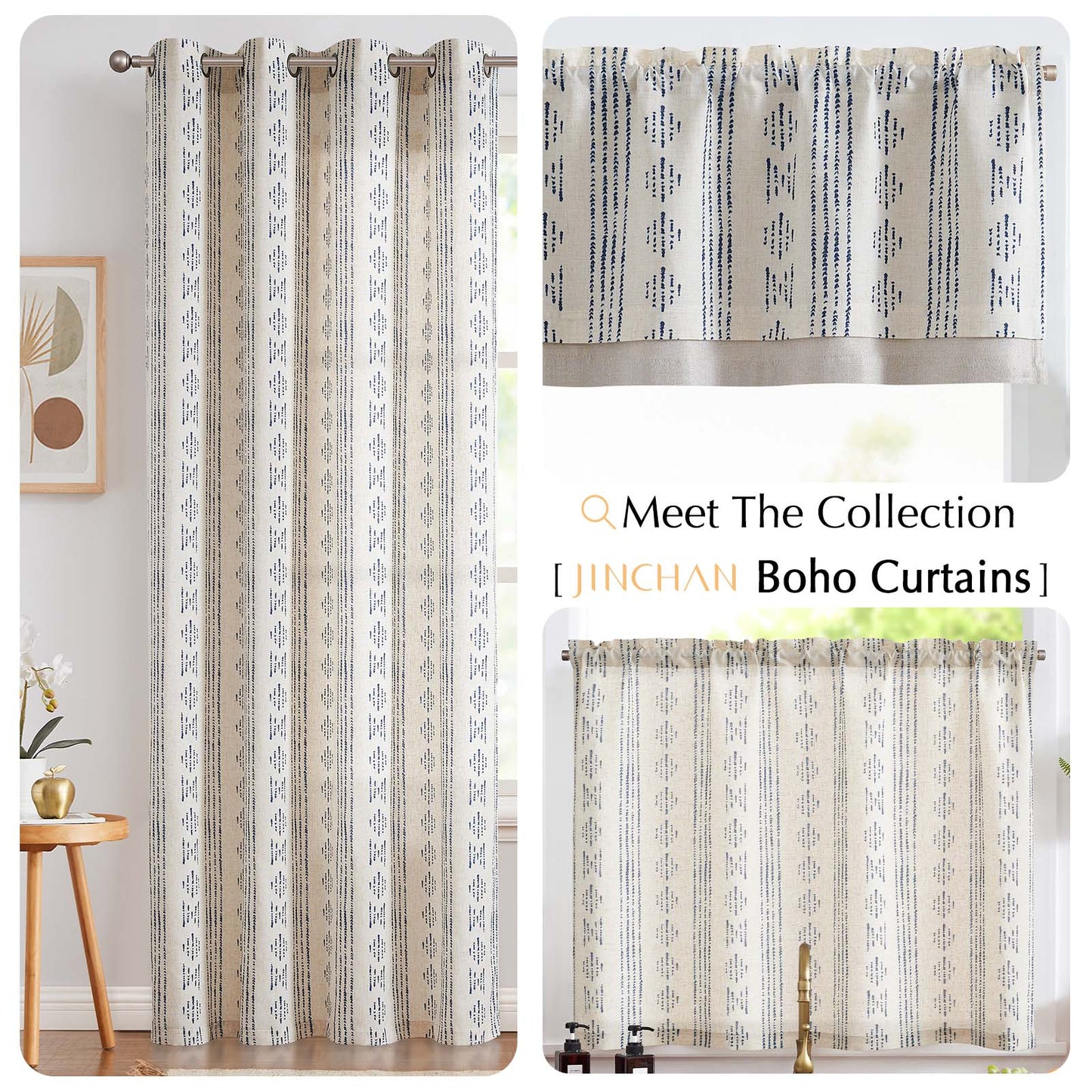 TOPICK Boho Linen Kitchen Curtains ,  Striped Farmhouse Cafe Curtains, Light Filtering Rod Pocket Small Curtains for Kitchen (Set of 2)