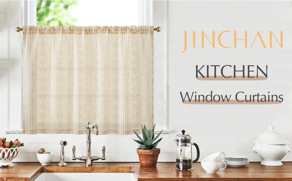 TOPICK Boho Linen Kitchen Curtains ,  Striped Farmhouse Cafe Curtains, Light Filtering Rod Pocket Small Curtains for Kitchen (Set of 2)