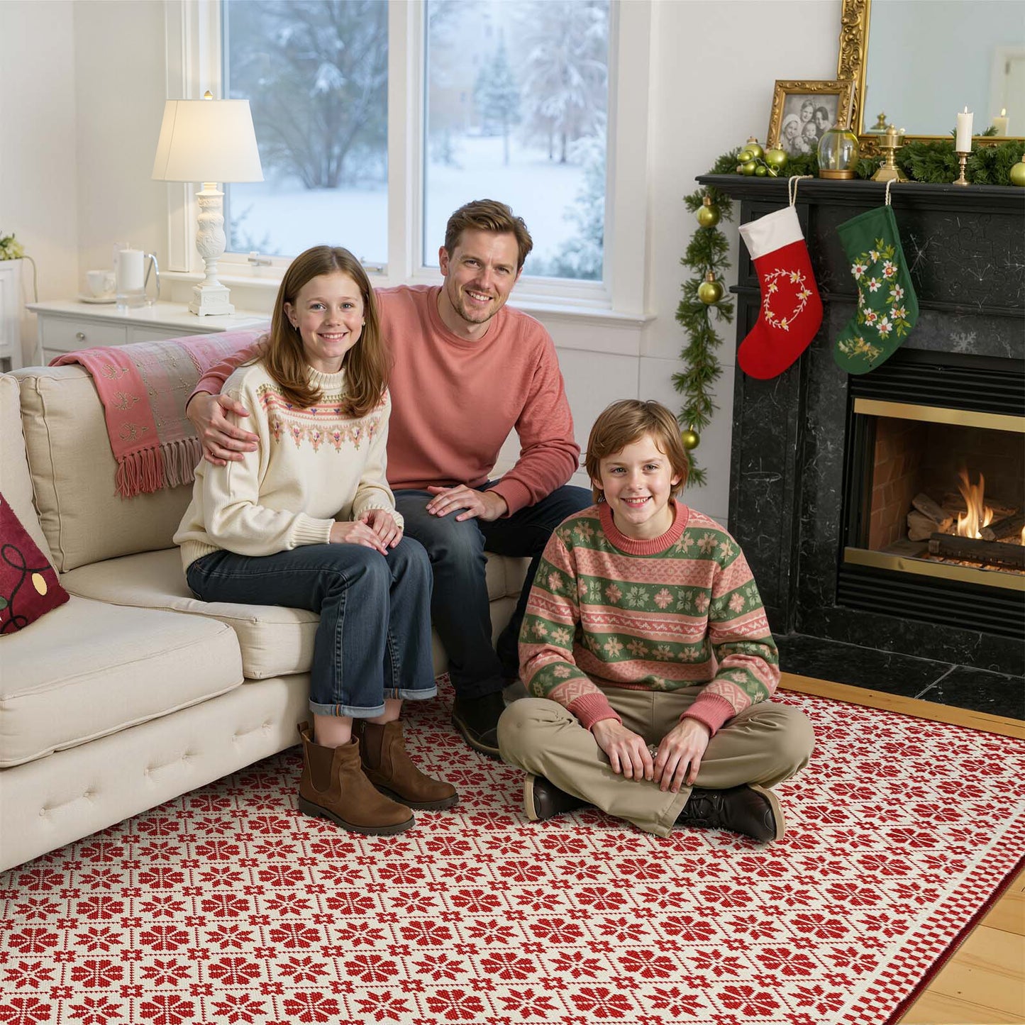 RUGKING Farmhouse Christmas Door Mat Snowflake Washable Rug for Entryway Kitchen Holiday Decor Red and Ivory