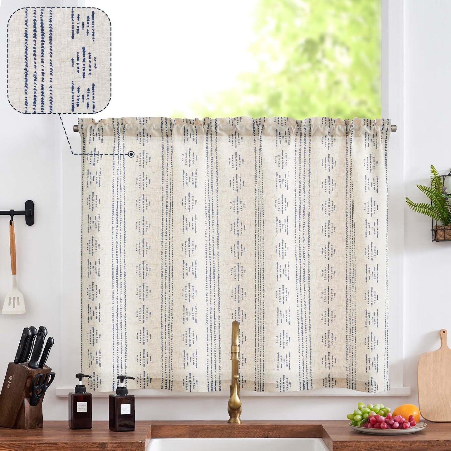 TOPICK Boho Linen Kitchen Curtains ,  Striped Farmhouse Cafe Curtains, Light Filtering Rod Pocket Small Curtains for Kitchen (Set of 2)