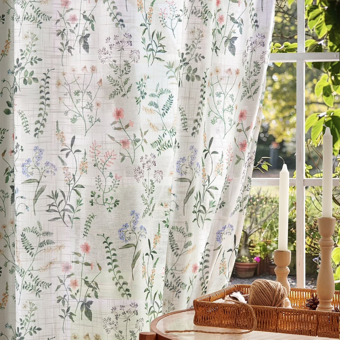 CURTAINKING Floral Curtains Farmhouse Green Curtain for Bedroom French Country Back Tab Drapes Plants Printed Light Filtering Window Treatment Curtains Set, 2 Panels