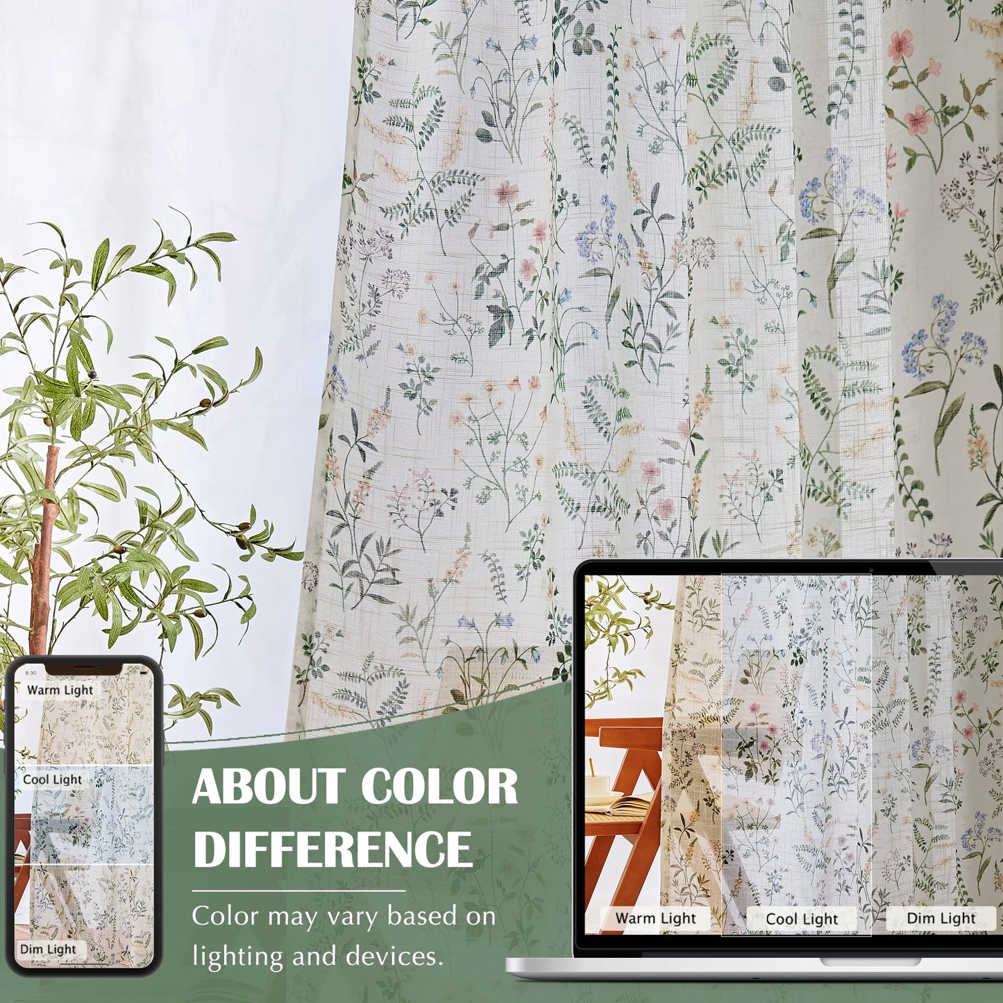 CURTAINKING Floral Curtains Farmhouse Green Curtain for Bedroom French Country Back Tab Drapes Plants Printed Light Filtering Window Treatment Curtains Set, 2 Panels