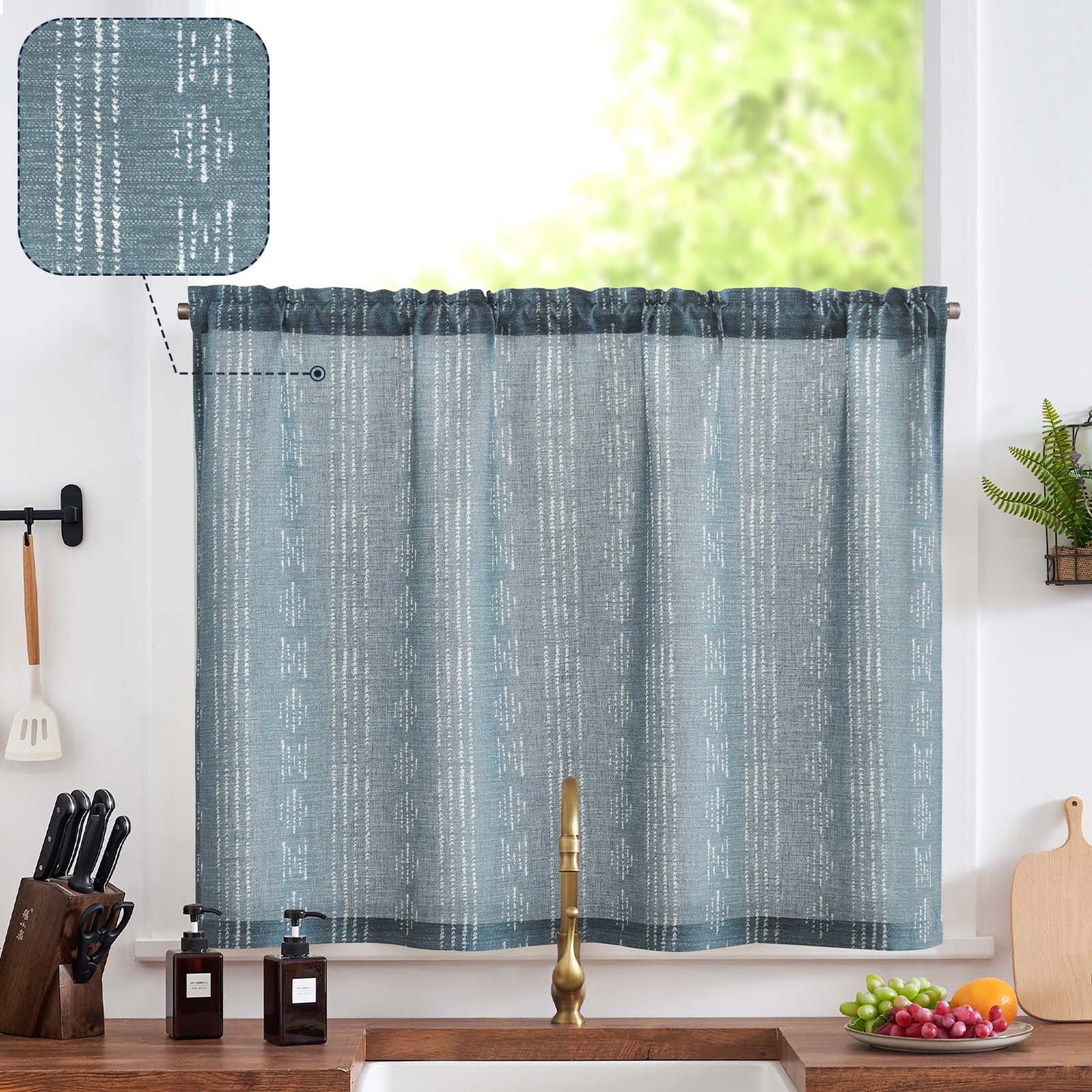 TOPICK Boho Linen Kitchen Curtains ,  Striped Farmhouse Cafe Curtains, Light Filtering Rod Pocket Small Curtains for Kitchen (Set of 2)
