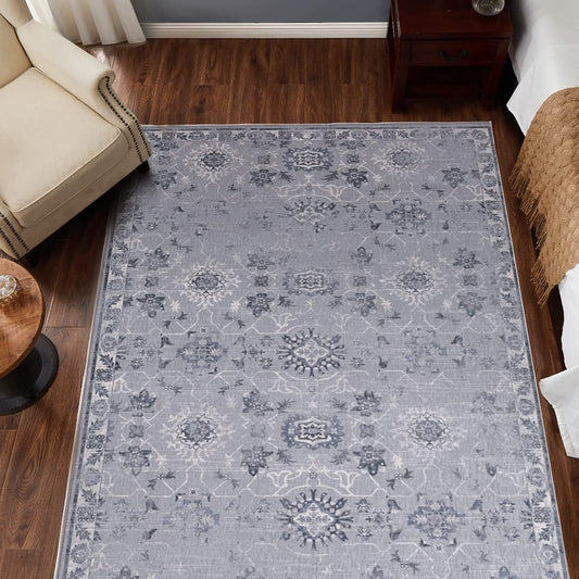 Jinchan Vintage Distressed Floral Dark Grey Foldable Area Rug