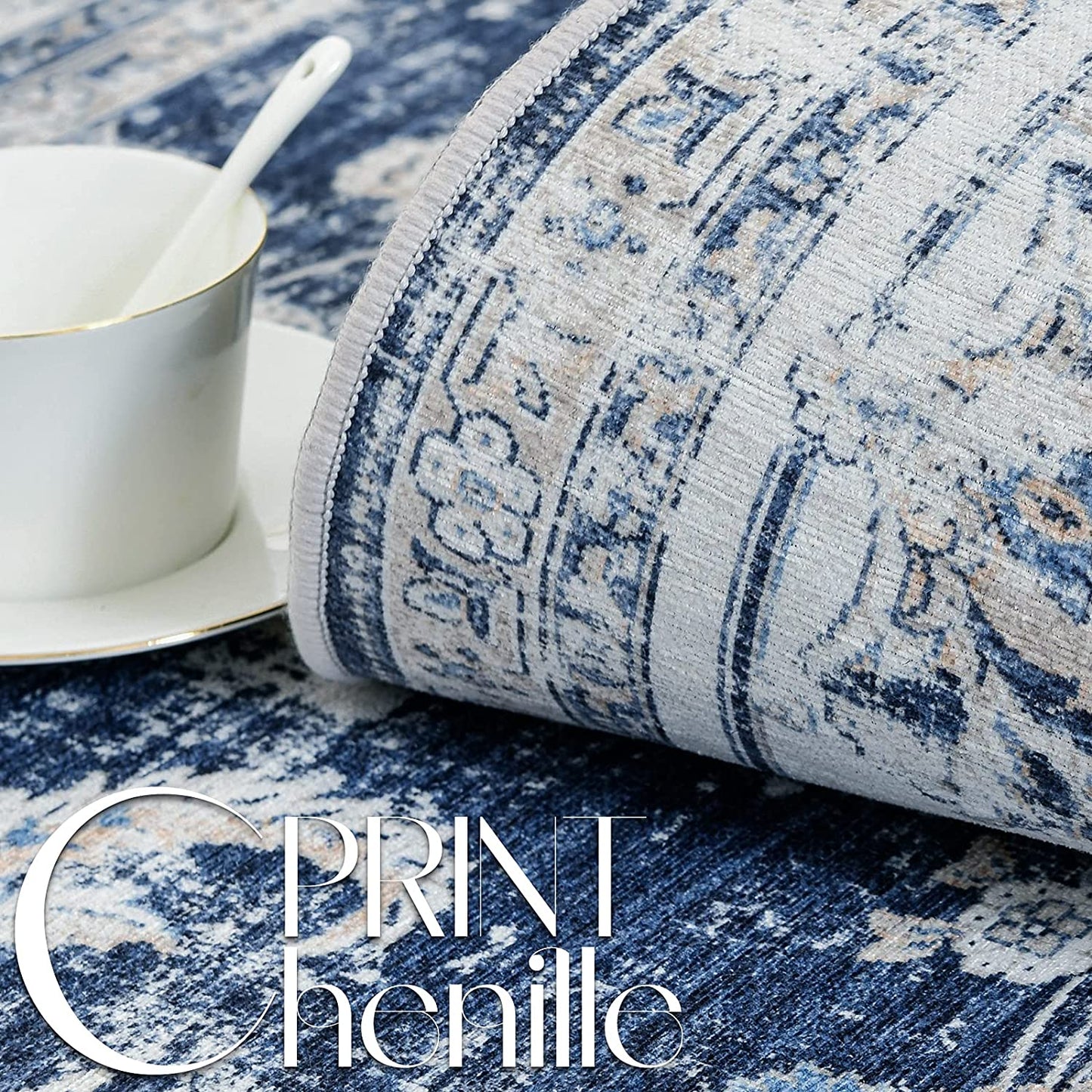 Topick Retro Vintage Persian Floral Foldable Dark Blue Area Rug