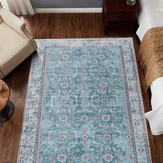 Jinchan Persian Distressed Floral Turquoise Foldable Area Rug