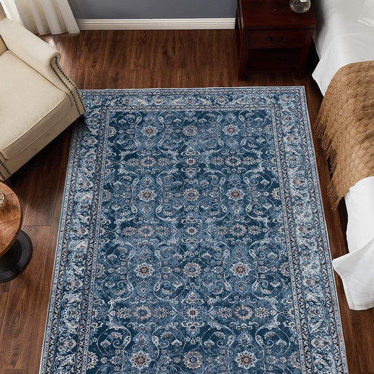 Jinchan Persian Distressed Floral Navy Blue Foldable Area Rug