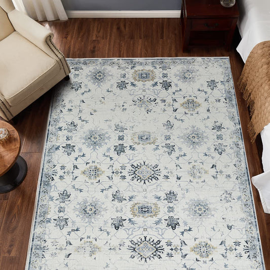 Jinchan Vintage Distressed Floral Light Grey Foldable Area Rug