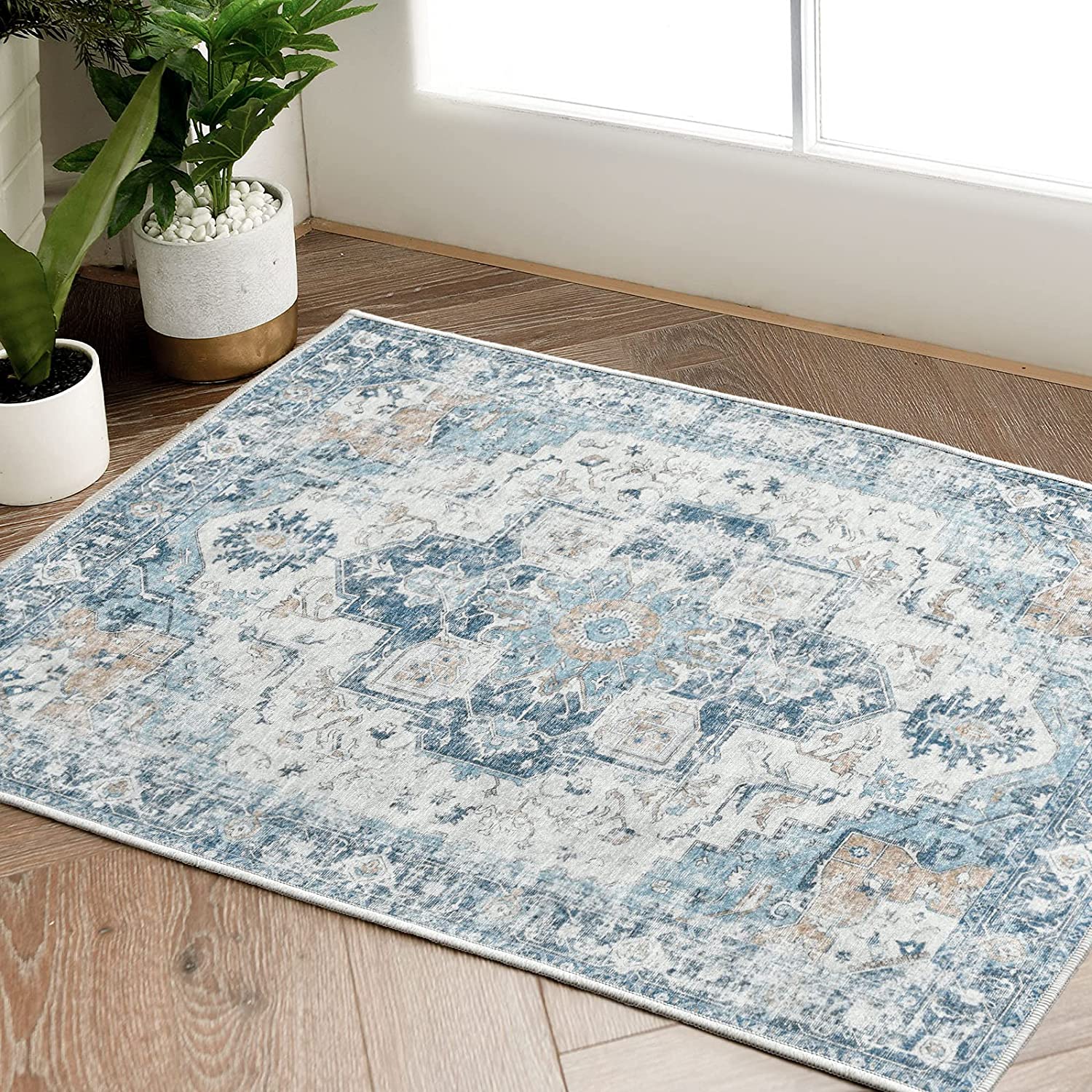 Vintage Persian Medallion Distressed Blue Area Rug Vintage Area Rugs JINCHAN Rugs 