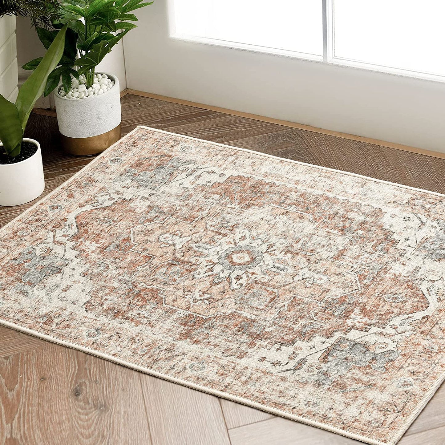 Jinchan Vintage Medallion Distressed Brick Red Foldable Area Rug