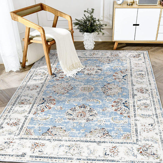 Jinchan Retro Vintage Persian Floral Foldable Blue Area Rug