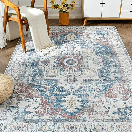 Jinchan Vintage Distressed Medallion Navy Blue Foldable Living Room Area Rug