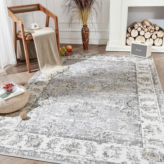 Jinchan Retro Vintage Persian Floral Foldable Grey Area Rug