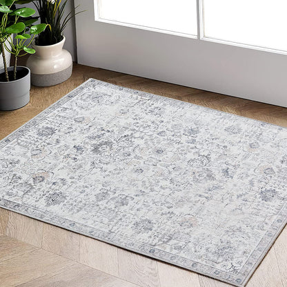 Jinchan Vintage Distressed Floral Gray Foldable Area Rug