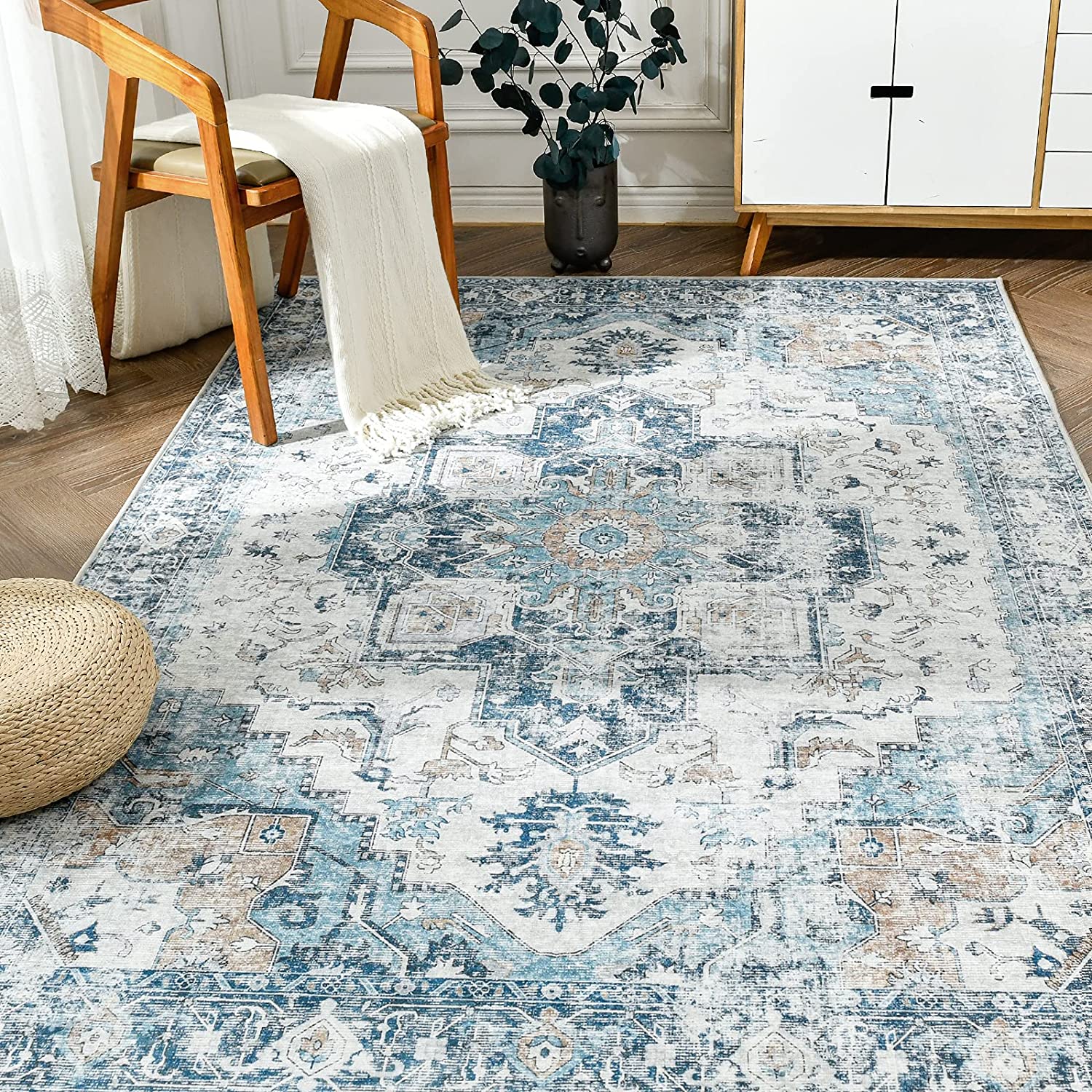 Vintage Persian Medallion Distressed Blue Area Rug Vintage Area Rugs JINCHAN Rugs 