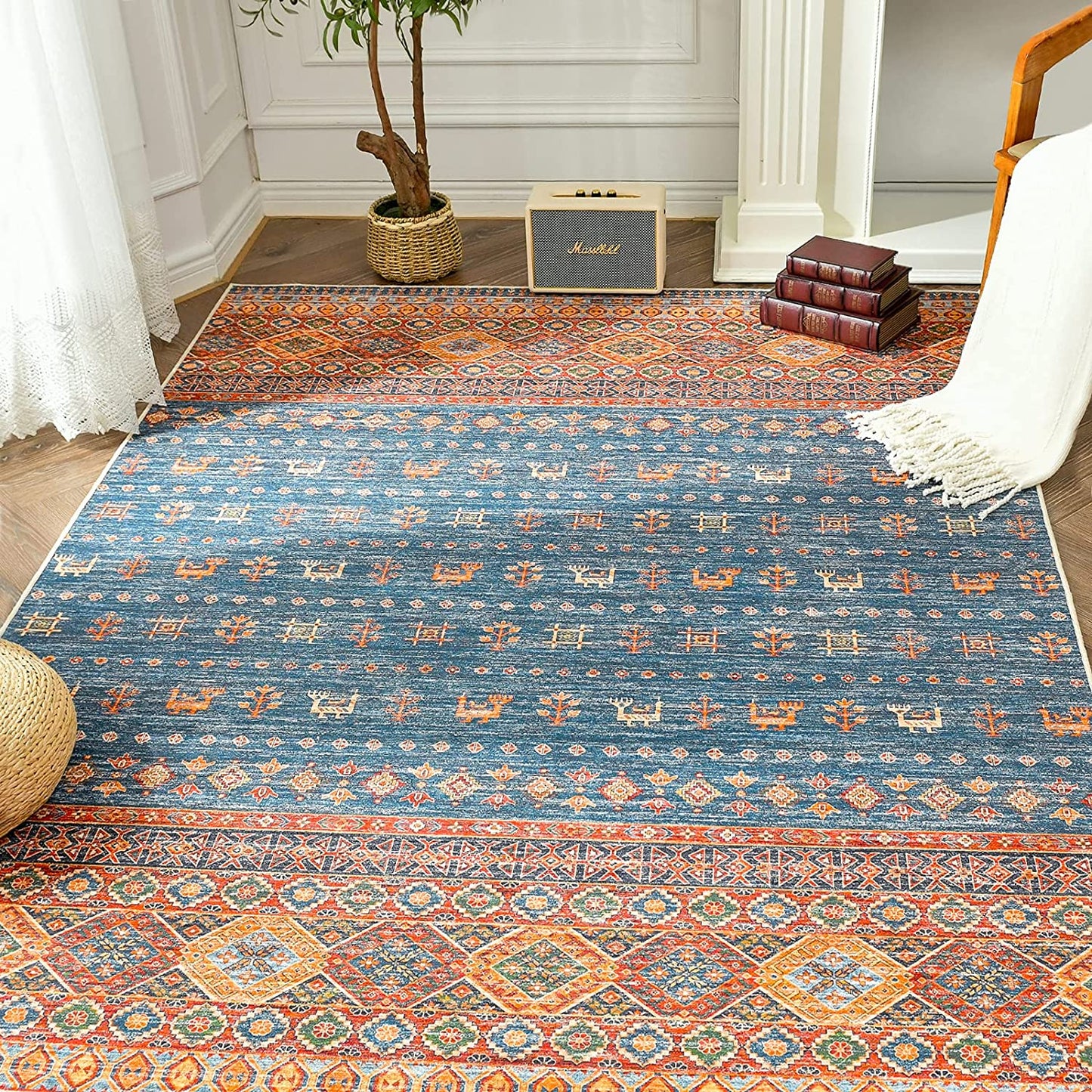 Jinchan Retro Vintage Oriental Red Blue Foldable Area Rug