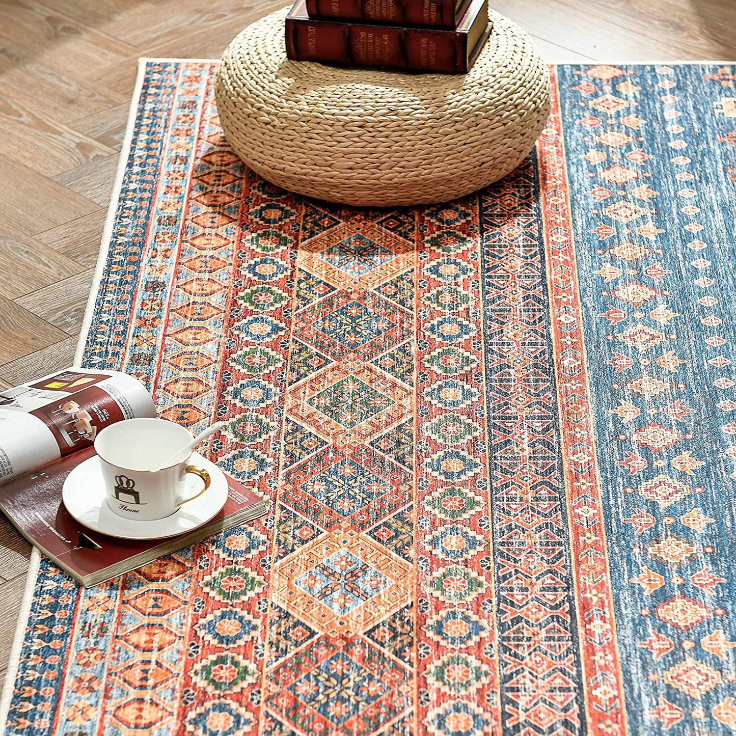 Jinchan Retro Vintage Oriental Red Blue Foldable Area Rug