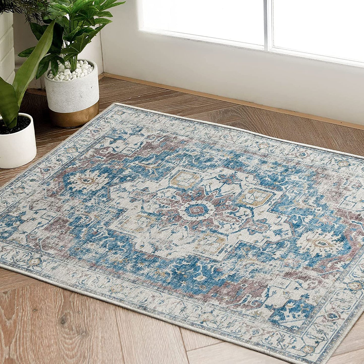 Jinchan Vintage Medallion Distressed Navy Blue Foldable Area Rug