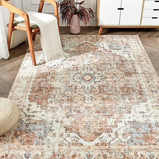 Jinchan Vintage Medallion Distressed Brick Red Foldable Area Rug