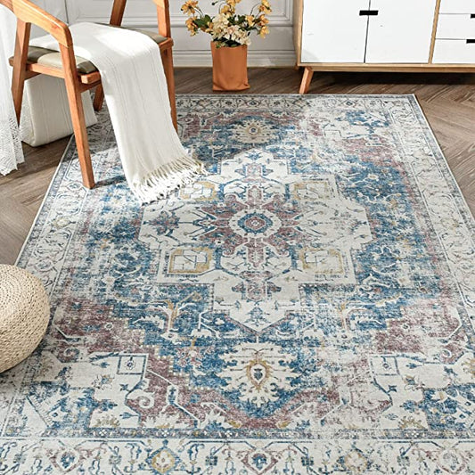 Jinchan Vintage Medallion Distressed Navy Blue Foldable Area Rug