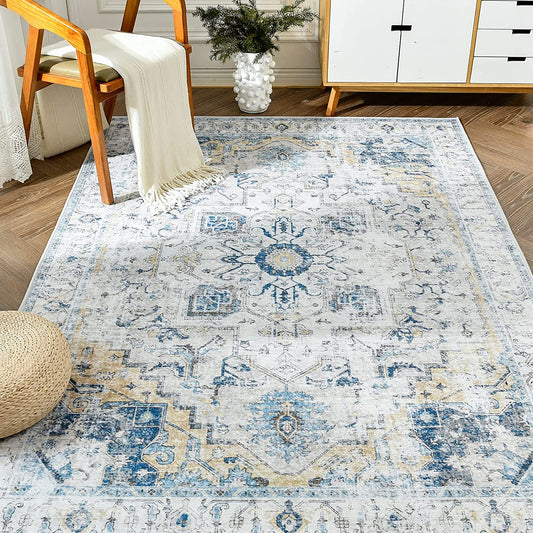 Jinchan Vintage Medallion Distressed Light Blue Foldable Area Rug